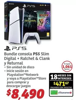 Oferta de Sony - Bundle Consola Ps5 Slim Digital + Ratchet & Clank Y Returnal por $8490 en Soriana Híper