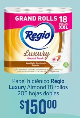 Oferta de Regio - Papel Higiénico Almond 18 Rollos 205 Hojas Dobles por $150 en Soriana Híper