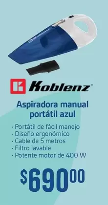 Oferta de Koblenz - Aspiradora Manual Portatil Azul por $690 en Soriana Súper