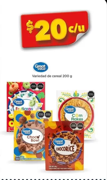 Oferta de Great Value - Variedad De Cereal por $20 en Bodega Aurrera