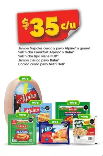 Oferta de Alpino - Jamón Napoles Cerdo Y Pavo  À Granel Salchicha Franfort Albino À Bafar por $35 en Bodega Aurrera