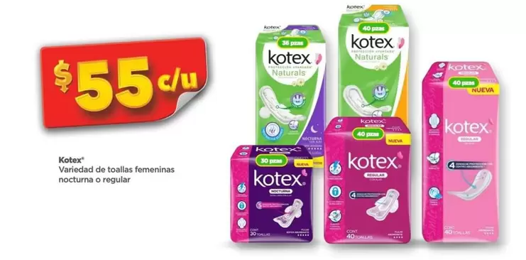 Oferta de Kotex - Variedad De Toallas Femeninas Nocturna E Yogur por $55 en Bodega Aurrera