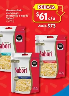 Oferta de Sabori - Queso Rallado Manchego, Mozzarella O Gouda por $61 en Walmart