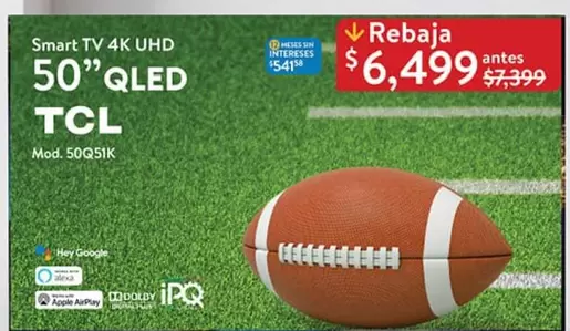 Oferta de TCL - Smart TV 4K UHD 50" QLED ISA13E por $6499 en Walmart