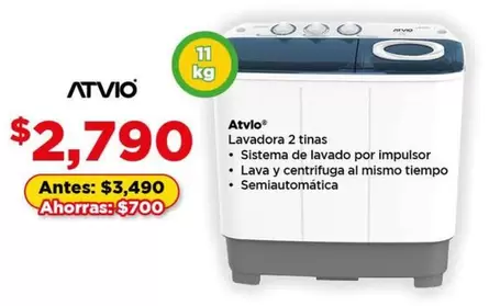 Oferta de Atvio - Lavadora 2tinas por $2790 en Bodega Aurrera