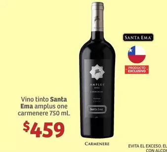 Oferta de Vino Tinto Santa Ema Amplus One Carmenere por $459 en Soriana Híper