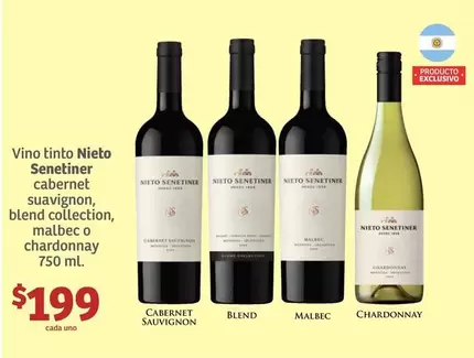 Oferta de Vino Tinto Nieto Senetiner Cabernet Sauvignon, Blend Collection, Malbec O Chardonnay por $199 en Soriana Híper