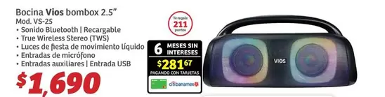 Oferta de Vios - Bocina  Bombox 2.5" Mod Vs-2 por $1690 en Soriana Híper