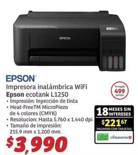 Oferta de Epson - Impresora Inalámbrica Wifi  Ecotank L1250 por $39.9 en Soriana Híper