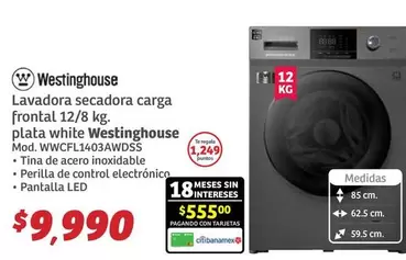 Oferta de Westinghouse - Lavadora Secadora Carga Frontal 12/8 Kg. Plata White por $9990 en Soriana Híper