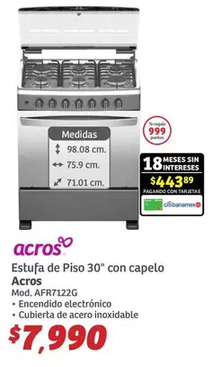 Oferta de Acros - Estufa De Piso 30" Con Capelo por $7990 en Soriana Híper