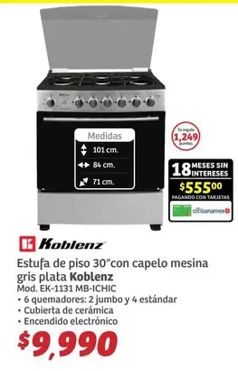 Oferta de Koblenz - Estufa De Piso 30° Con Capelo Mesina Gris Plata por $9990 en Soriana Híper