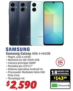 Oferta de Samsung -  Galaxy A06 4+64gb por $2590 en Soriana Híper