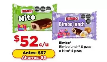 Oferta de Bimbo - lunch® 6 Pzas O Nito® 4 Pzas por $52 en Bodega Aurrera