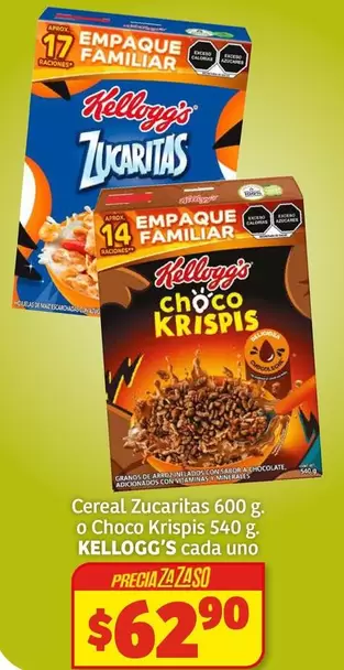 Oferta de Kellogg's - Cereal Zucaritas O Choco Krispis por $62.9 en Soriana Súper