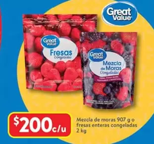 Oferta de Great Value - Mezcla De Moras 907 Go Fresas Enteras Congeladas por $200 en Walmart