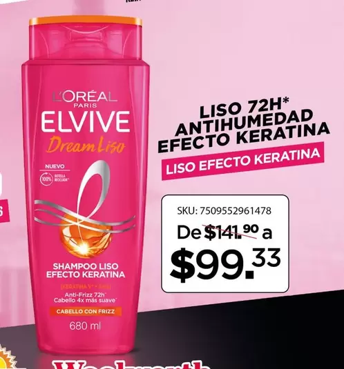 Oferta de Elvive - Shampoo Liso Efecto Keratina por $99.33 en Woolworth