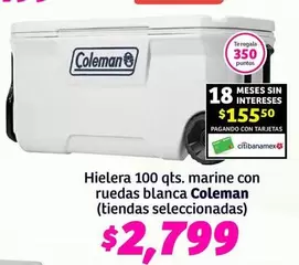 Oferta de Coleman -  Hielera 100 Qts. Marine Con Ruedas Blanca (tiendas Seleccionadas) por $2799 en Soriana Híper