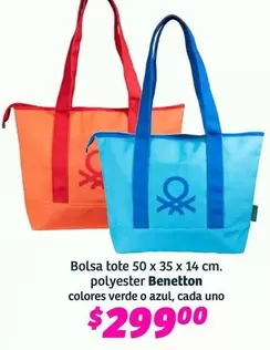 Oferta de Benetton - Bolsa Tote 50 X 35 X 14 Cm. Polyester por $299 en Soriana Híper