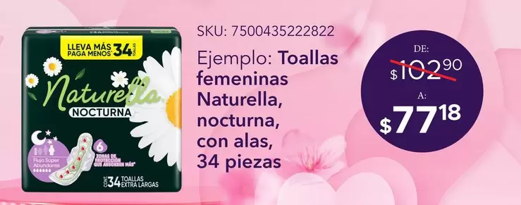 Oferta de Naturella - Toallas Femeninas Nocturna Con Alas por $102.9 en Del Sol