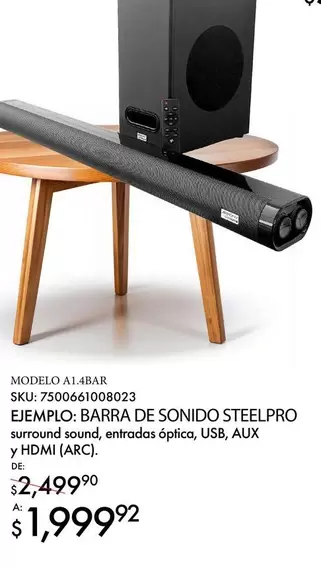 Oferta de Modelo - Elemplo, Barra De Sonido Steelpro Surround Sound, Entrados 6ptrica, Usb, Aux Y HDMI (Arc) por $1999.92 en Del Sol