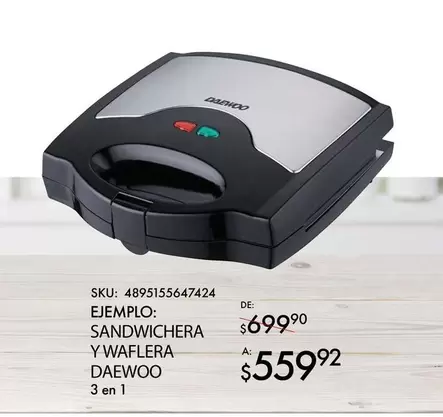 Oferta de Daewoo - Sandwichera Y Waflera por $699.9 en Del Sol