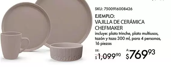 Oferta de Vajilla De Cerámica Chefmaker por $769.93 en Del Sol