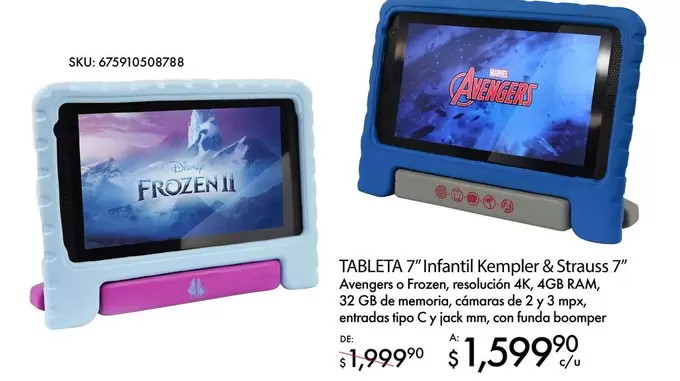 Oferta de Disney - Tableta 7" Infantil Kempler & Strauss 7" por $1599.9 en Del Sol