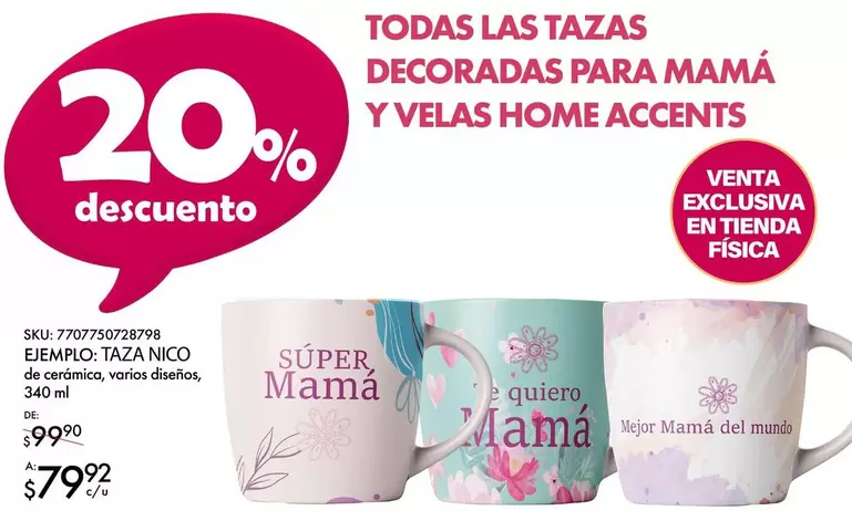 Oferta de Nico - Todas Las Tazas Decoradas Para Mama Y Velas Home Accents por $79.92 en Woolworth