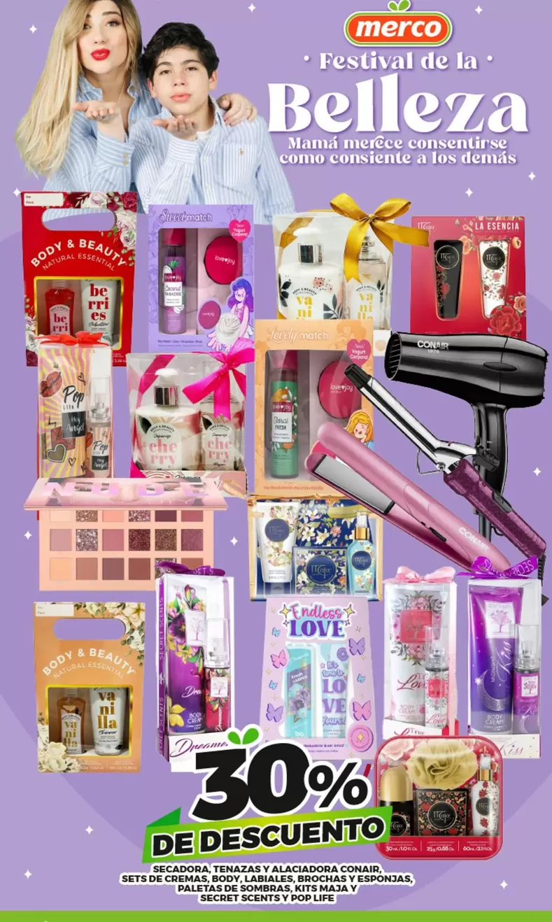Oferta de Secadora, Tenazas Y Alaciadora Conair, Sets De Cremas, Body, Labiales, Brochas Y Esponjas, Paletas De Sombras, Kits Maja Y Secret Scents Y Pop Life  en Merco