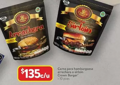 Oferta de Arrachera - Hamburguesa Arrachera O Sirloion Crown Burguer por $135 en Walmart