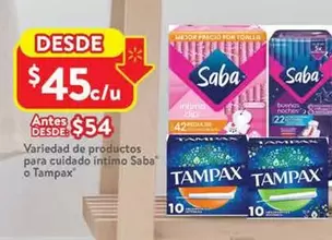 Oferta de Tampax - Variedad De Productos Para Cuidado Íntimo Saba O por $45 en Walmart