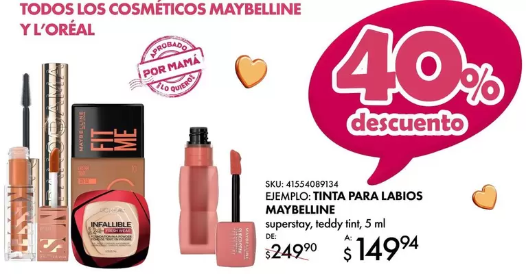 Oferta de Maybelline - Tinta Para Labios por $149.94 en Del Sol