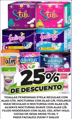 Oferta de Toallas Femeninas Stela Regular Con Alas C/10, Nocturna Con Alas C/8, Feelings Maxi Regular O Nocturna Con Alas C/8, Always Nocturna Suave Con Alas C/8, Flujo Moderado Con Alas, Gel Atm 1 Kilo, Gotas De Seda Moss 75 Ml Y Pads Faciales Zuum Y Dalux en Merco
