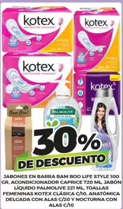 Oferta de Jabones En Barra Bam Boo Life Style 100 Gr, Acondicionador Caprice 720 Ml, Jabon Liquido Palmolive 221 Ml, Toallas Femeninas Kotex CláSica C/10, Anatomica Delgada Con Alas C/20 Y Nocturna Con Alas C/10 en Merco