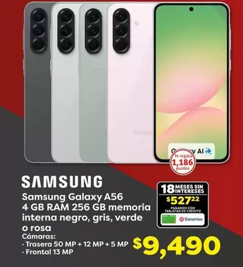 Oferta de Samsung - Galaxy A56 4 GB RAM 256 GB Memoria Interna Negro, Gris, Verde O Rosa por $9490 en Soriana Híper