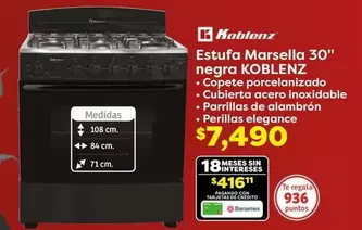 Oferta de Koblenz - Estufa Marsella 30" Negra por $7490 en Soriana Híper