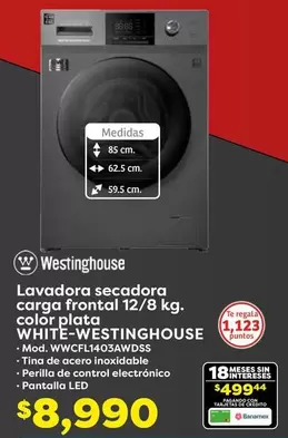 Oferta de Westinghouse - Lavadora Secadora Carga Frontal 12/8 Kg. Color Plata por $8990 en Soriana Híper