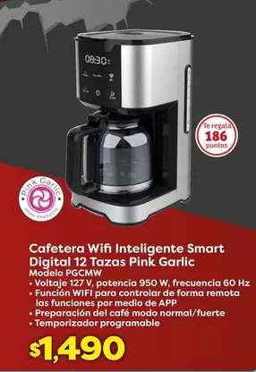 Oferta de Smart - Cafetera Wifi Intelligente  Digital 12 Tazas Pink Garlic por $1490 en Soriana Híper