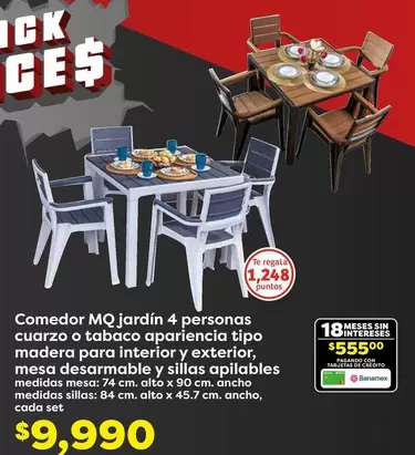 Oferta de Cuarzo - Comedor MQ Jardín 4 Personas  O Tabaco Aperiencia Tipo Madera Para Interior Y Exterior por $55500 en Soriana Híper