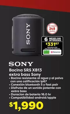 Oferta de Sony - Bocina SRS XB13 Extra Bass por $1990 en Soriana Súper