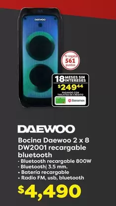 Oferta de Daewoo - Bocina  2 X 8 DW2001 Recarable Bluetooth por $4490 en Soriana Súper