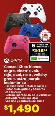 Oferta de Xbox - Control  Blanco Negro, Electric Volt, Rojo, Azul, Rosa, Velicity Green, Astral Purple por $1490 en Soriana Súper