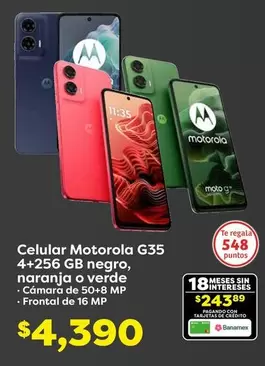Oferta de Motorola - Celular G35 4+256 GB negro, naranja o verde por $4390 en Soriana Súper