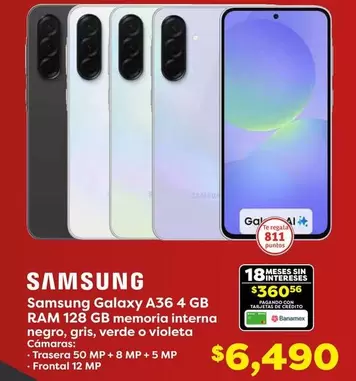 Oferta de Samsung - Galaxy A36 4 GB RAM 128 GB Memoria Interna por $6490 en Soriana Súper