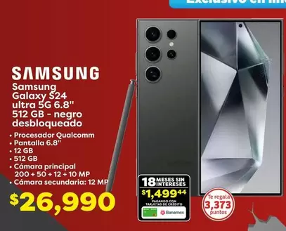 Oferta de Samsung - Galaxy S24 Ultra 5g 6.8" 512 Gb - Negro Desbloqueado por $26990 en Soriana Súper