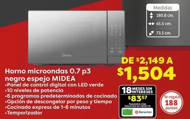 Oferta de Midea - Horno Microondas 0.7 P3 Negro Espejo por $1504 en Soriana Súper
