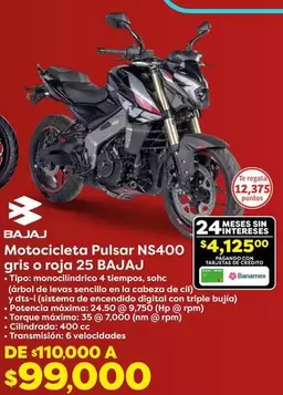 Oferta de Sistema - Motocicleta Pulsar NS400 Gris O Roja 25 Bajaj por $110 en Soriana Súper
