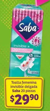 Oferta de Saba - Toalla Femenina Invisible Delgada  20 Piezas por $29.9 en Soriana Híper