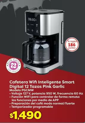 Oferta de Pink - Cafetera Wifi Inteligente Smart Digital 12 Tazas  Garlic por $1490 en Soriana Híper
